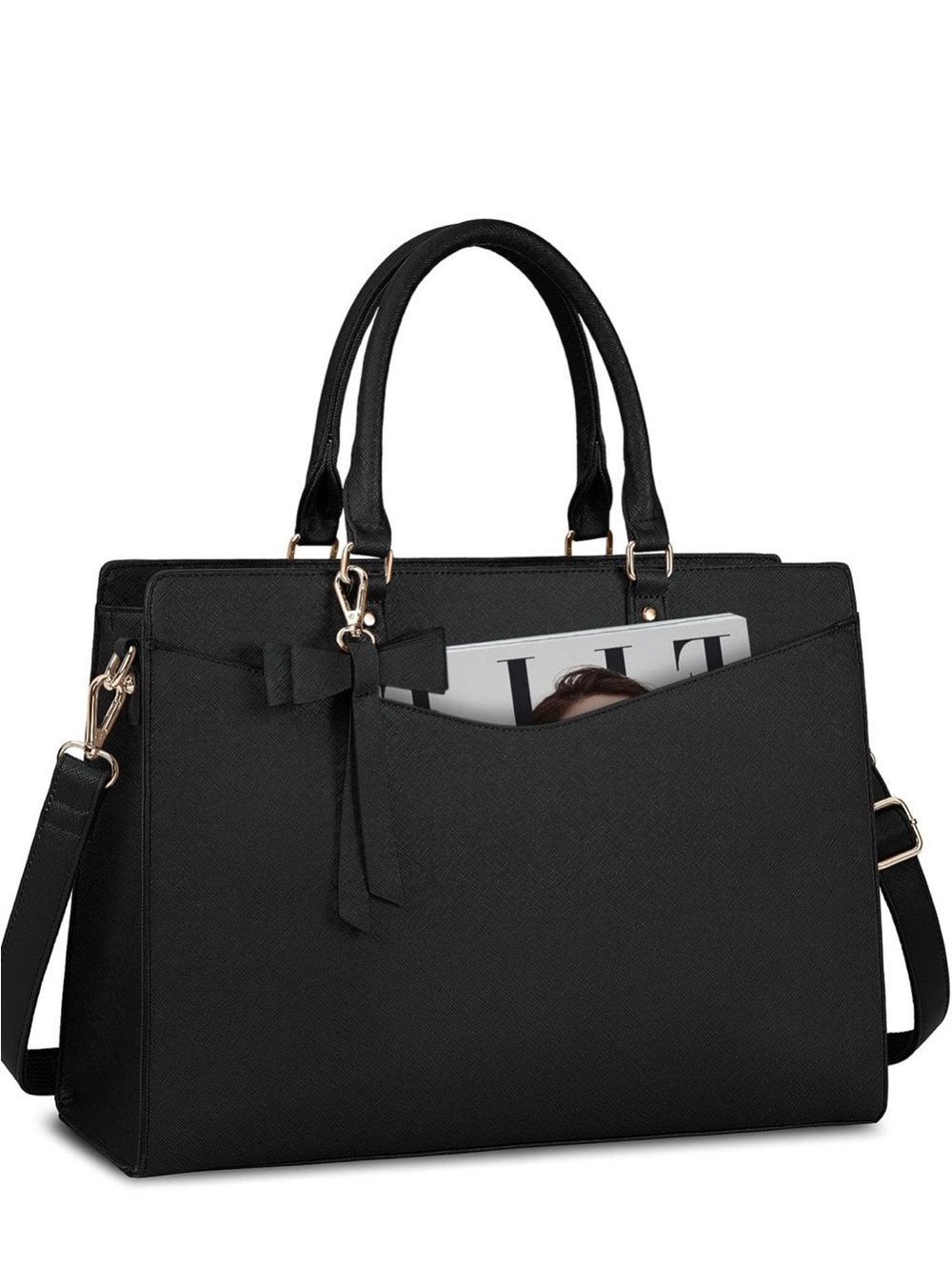 Professional Black Laptop Bag with Exterior Pocket and cute bow